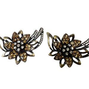 Vtg Antique Bronze Floral Amber Clear Rhinestone Clip-On Dress Shoe Clips **READ